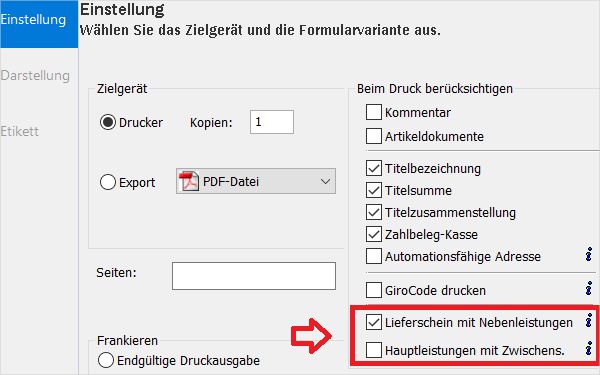 Screenshot Einstellungen Lieferschein